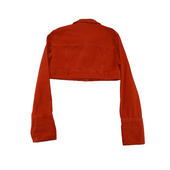 ZARA red Orange Cropped Denim Jacket Women’s Size Large Button Front Long Sleeve - Picture 2 of 7